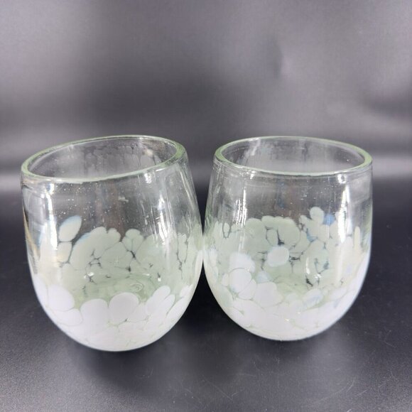 Hand Blown Glass Set 2 Stemless Tumblers Drinking Glasses Cups Clear White Spots - Picture 11 of 13